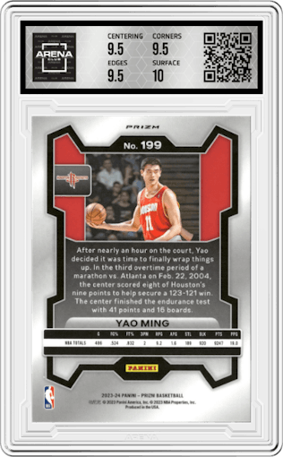 Yao Ming from the 2023-24 Panini Prizm set featuring a Pink Ice Prizm parallel graded by Arena Club and given an overall grade of 10.