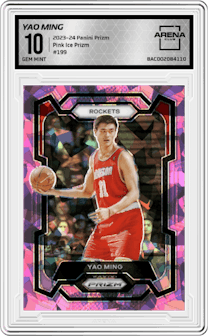 Yao Ming from the 2023-24 Panini Prizm set featuring a Pink Ice Prizm parallel graded by Arena Club and given an overall grade of 10.
