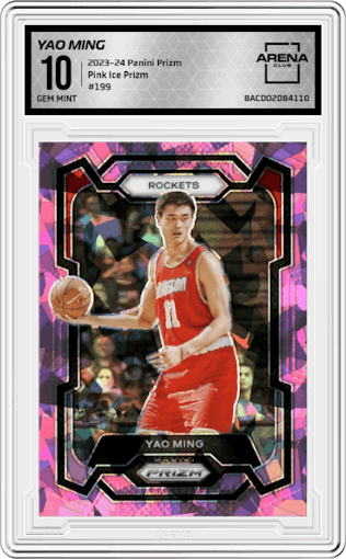 Yao Ming from the 2023-24 Panini Prizm set featuring a Pink Ice Prizm parallel graded by Arena Club and given an overall grade of 10.