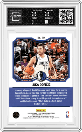 Luka Doncic from the 2022-23 Panini Contenders set graded by Arena Club and given an overall grade of 9.5.