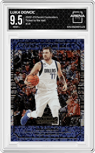 Luka Doncic from the 2022-23 Panini Contenders set graded by Arena Club and given an overall grade of 9.5.