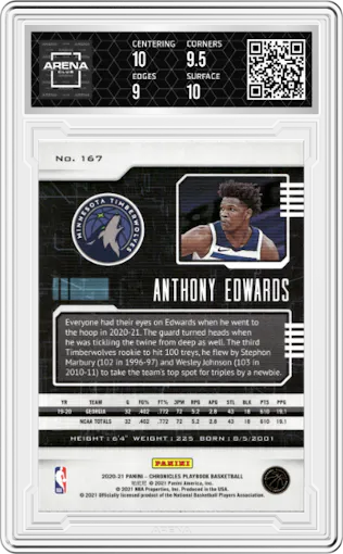 Anthony Edwards from the 2020-21 Panini Chronicles set graded by Arena Club and given an overall grade of 9.5.