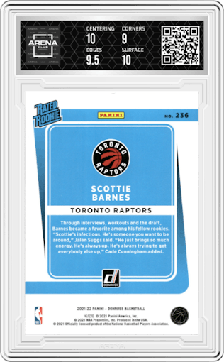 Scottie Barnes from the 2021-22 Panini Donruss set featuring a Yellow Flood parallel graded by Arena Club and given an overall grade of 9.5.