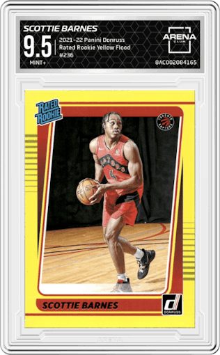 Scottie Barnes from the 2021-22 Panini Donruss set featuring a Yellow Flood parallel graded by Arena Club and given an overall grade of 9.5.