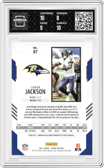Lamar Jackson from the 2021 Panini Score set graded by Arena Club and given an overall grade of 8.5.