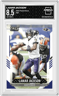 Lamar Jackson from the 2021 Panini Score set graded by Arena Club and given an overall grade of 8.5.