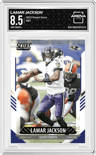 Lamar Jackson from the 2021 Panini Score set graded by Arena Club and given an overall grade of 8.5.