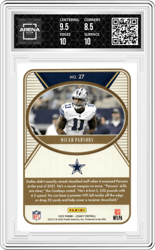 Micah Parsons from the 2022 Panini Legacy set featuring a Red parallel graded by Arena Club and given an overall grade of 9.