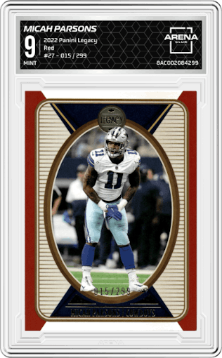 Micah Parsons from the 2022 Panini Legacy set featuring a Red parallel graded by Arena Club and given an overall grade of 9.