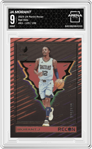 Ja Morant from the 2023-24 Panini Recon set featuring a Red Holo parallel graded by Arena Club and given an overall grade of 9.