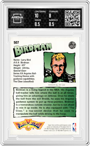 Larry Bird from the 1992-93 Upper Deck  set graded by Arena Club and given an overall grade of 8.5.