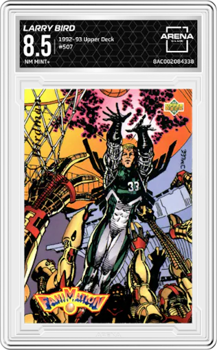 Larry Bird from the 1992-93 Upper Deck  set graded by Arena Club and given an overall grade of 8.5.