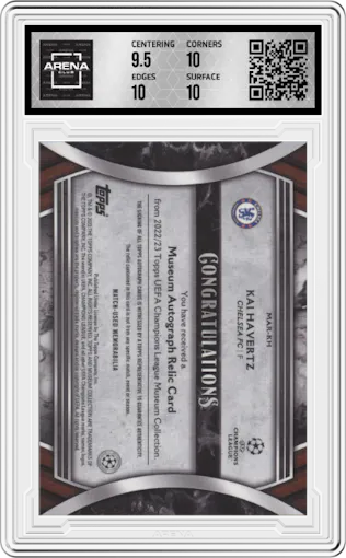 Kai Havertz from the 2022-23 Topps Museum Collection UCL set featuring a Amethyst parallel graded by Arena Club and given an overall grade of 10.
