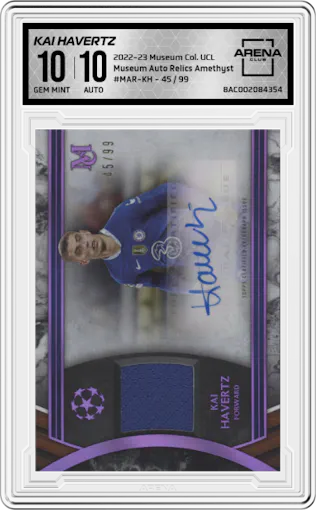 Kai Havertz from the 2022-23 Topps Museum Collection UCL set featuring a Amethyst parallel graded by Arena Club and given an overall grade of 10.
