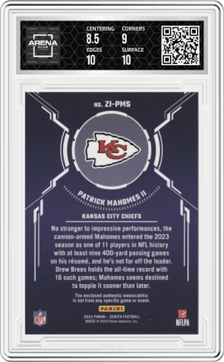 Patrick Mahomes II from the 2023 Panini Zenith set graded by Arena Club and given an overall grade of 9.