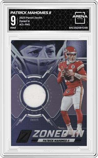 Patrick Mahomes II from the 2023 Panini Zenith set graded by Arena Club and given an overall grade of 9.