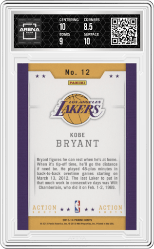 Kobe Bryant from the 2013-14 Panini NBA Hoops set graded by Arena Club and given an overall grade of 9.