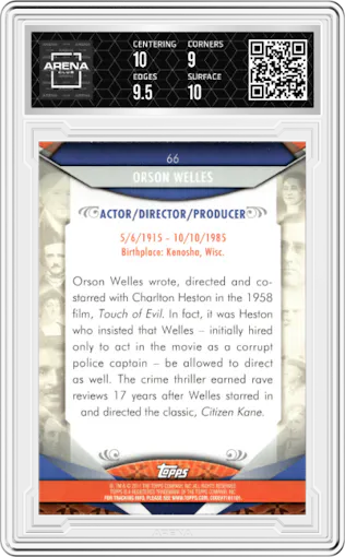 Orson Welles from the 2011 Topps American Pie set graded by Arena Club and given an overall grade of 9.5.