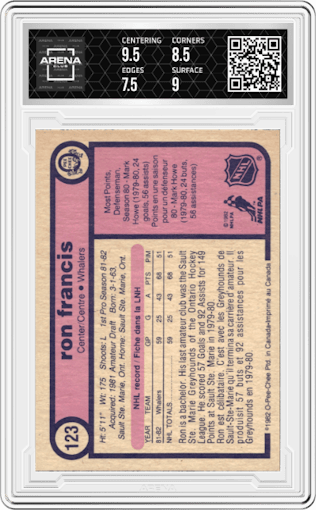 Ron Francis from the 1982-83 O-Pee-Chee set graded by Arena Club and given an overall grade of 8.