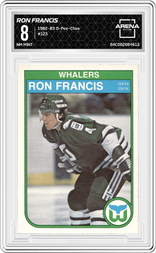 Ron Francis from the 1982-83 O-Pee-Chee set graded by Arena Club and given an overall grade of 8.
