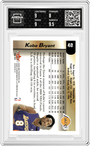 Kobe Bryant from the 2000-01 Hoops Hot Prospects set graded by Arena Club and given an overall grade of 8.5.