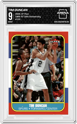 Tim Duncan from the 2006-07 Fleer set graded by Arena Club and given an overall grade of 9.