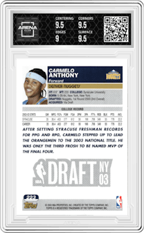 Carmelo Anthony from the 2003-04 Topps set graded by Arena Club and given an overall grade of 9.5.