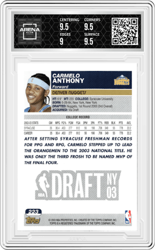 Carmelo Anthony from the 2003-04 Topps set graded by Arena Club and given an overall grade of 9.5.
