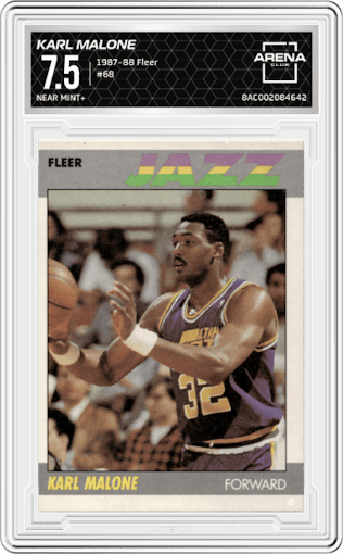 Karl Malone from the 1987-88 Fleer set graded by Arena Club and given an overall grade of 7.5.