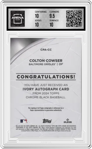 Colton Cowser from the  2024 Topps Chrome Black set graded by Arena Club and given an overall grade of 10.