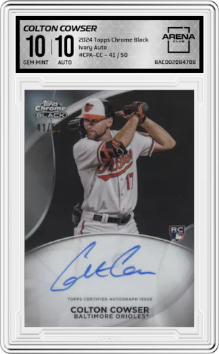 Colton Cowser from the  2024 Topps Chrome Black set graded by Arena Club and given an overall grade of 10.
