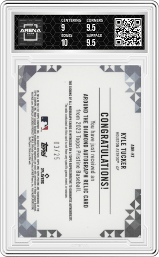 Kyle Tucker from the 2023 Topps Pristine set featuring a Orange Refractor parallel graded by Arena Club and given an overall grade of 9.5.