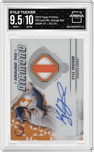 Kyle Tucker from the 2023 Topps Pristine set featuring a Orange Refractor parallel graded by Arena Club and given an overall grade of 9.5.