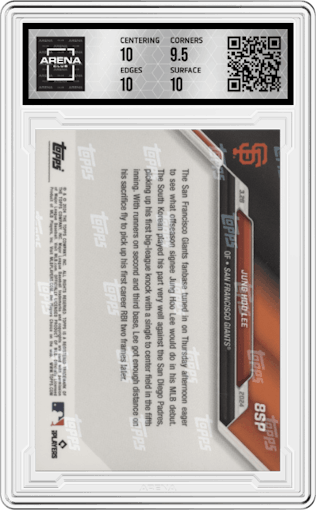 Jung Hoo Lee from the 2024 Topps Now set graded by Arena Club and given an overall grade of 10.