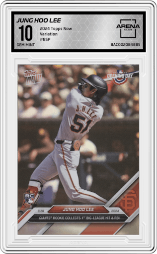 Jung Hoo Lee from the 2024 Topps Now set graded by Arena Club and given an overall grade of 10.
