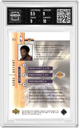 Kobe Bryant from the 2001-02 Upper Deck set graded by Arena Club and given an overall grade of 9.5.