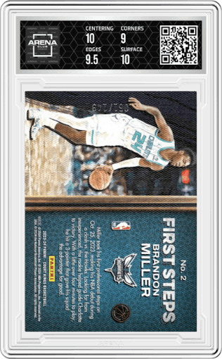 Brandon Miller from the 2023-24 Panini Court Kings set featuring a Ruby parallel graded by Arena Club and given an overall grade of 9.5.