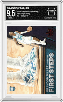 Brandon Miller from the 2023-24 Panini Court Kings set featuring a Ruby parallel graded by Arena Club and given an overall grade of 9.5.