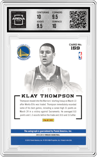 Klay Thompson from the 2012-13 Panini Threads set graded by Arena Club and given an overall grade of 10.