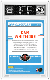 Cam Whitmore from the 2023-24 Panini Donruss set featuring a Holo Laser parallel graded by Arena Club and given an overall grade of 9.5.