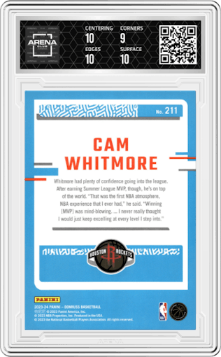 Cam Whitmore from the 2023-24 Panini Donruss set featuring a Holo Laser parallel graded by Arena Club and given an overall grade of 9.5.