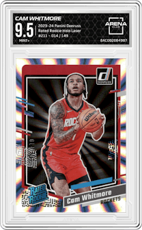 Cam Whitmore from the 2023-24 Panini Donruss set featuring a Holo Laser parallel graded by Arena Club and given an overall grade of 9.5.