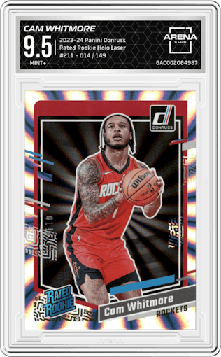 Cam Whitmore from the 2023-24 Panini Donruss set featuring a Holo Laser parallel graded by Arena Club and given an overall grade of 9.5.