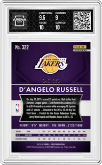 D'Angelo Russell from the 2015-16 Panini Prizm  set featuring a Ruby Wave parallel graded by Arena Club and given an overall grade of 9.5.