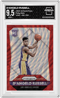 D'Angelo Russell from the 2015-16 Panini Prizm  set featuring a Ruby Wave parallel graded by Arena Club and given an overall grade of 9.5.
