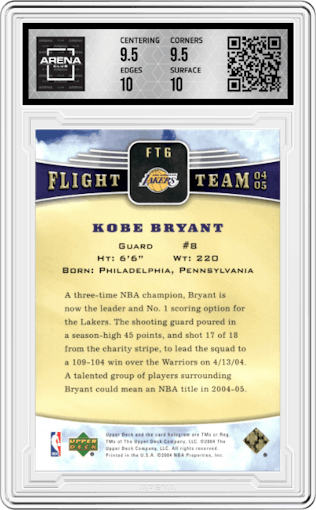 Kobe Bryant from the 2004-05 Upper Deck set featuring a Rainbow parallel graded by Arena Club and given an overall grade of 10.