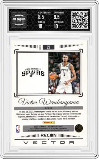 Victor Wembanyama from the 2023-24 Panini Recon set graded by Arena Club and given an overall grade of 9.
