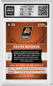Devin Booker from the 2015-16 Panini Prizm  set featuring a Silver Prizm parallel graded by Arena Club and given an overall grade of 10.
