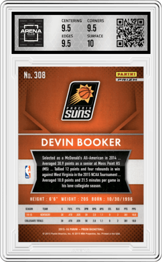 Devin Booker from the 2015-16 Panini Prizm  set featuring a Silver Prizm parallel graded by Arena Club and given an overall grade of 10.