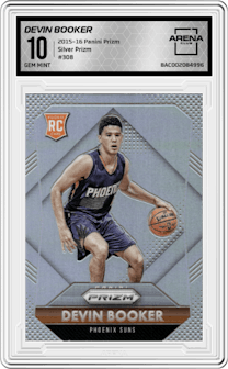 Devin Booker from the 2015-16 Panini Prizm  set featuring a Silver Prizm parallel graded by Arena Club and given an overall grade of 10.